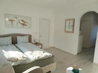 a bedroom with a bed and a picture on the wall at Studio Andrijana Sokobanja in Soko Banja