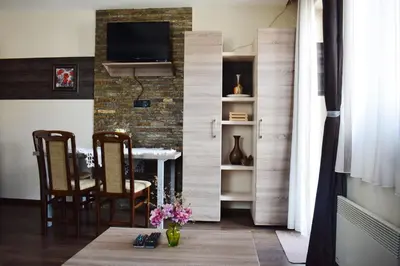 a living room with a table and a tv on a brick wall at Milmari Friends and Family in Kopaonik