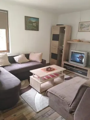 a living room with a couch and a tv at Vila Panic in Pirot