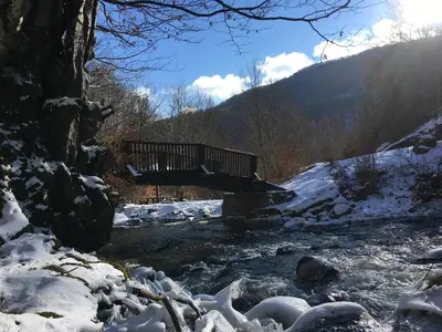 a bridge over a river with snow on the ground at Vila Panic in Pirot