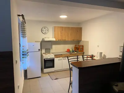 a kitchen with a white refrigerator and a counter at Vila Panic in Pirot