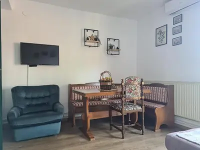 a living room with a table and a chair and a tv at Green door 2 in Vrnjačka Banja