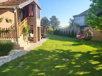 a yard with a house and a swing at Dvor in Donja Toponica