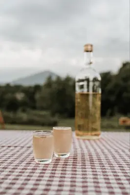 two glasses on a table with a bottle of wine at Rtanjska bajka in Boljevac