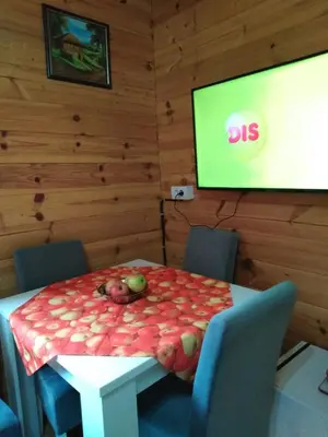 a table with apples on it in a room with a screen at Vikendice Mijajlović 1 in Kuršumlija