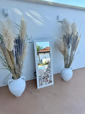two white vases with plants in them next to a mirror at House Milovanovic in Soko Banja