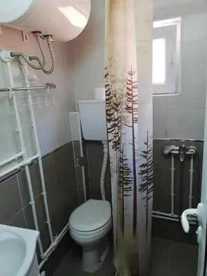 a bathroom with a toilet and a shower curtain at NOV-dve spavaće sobe in Kopaonik