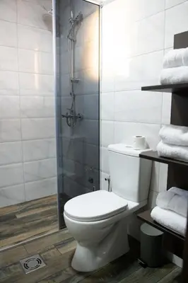 a bathroom with a toilet and a shower with towels at Apartmani Jović in Kuršumlija