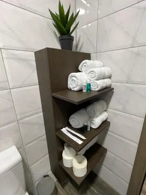 a bathroom with a shelf with towels and a toilet at Apartmani Jović in Kuršumlija