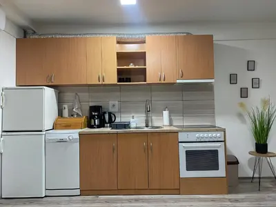 a kitchen with white appliances and wooden cabinets at Apartman Urosevic in Jagodina