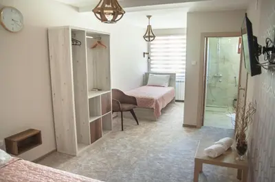 a room with two beds and a bathroom with a shower at Mehana apartmani in Leskovac
