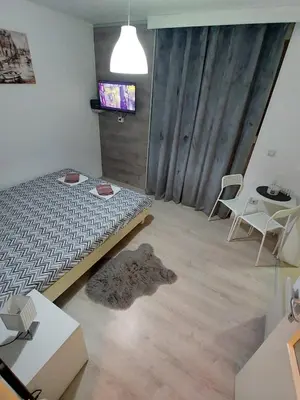 a bedroom with a bed and a table and chairs at Vrnjacki apartmani in Vrnjačka Banja