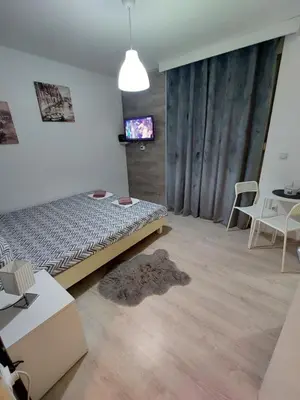 a bedroom with a bed and a table and chairs at Vrnjacki apartmani in Vrnjačka Banja