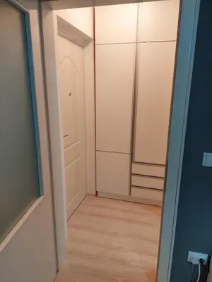 a closet with white doors and a wooden floor at Vrnjacki apartmani in Vrnjačka Banja