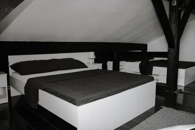 a bedroom with a white bed with a black blanket at Bianco nero appartamento in Niš