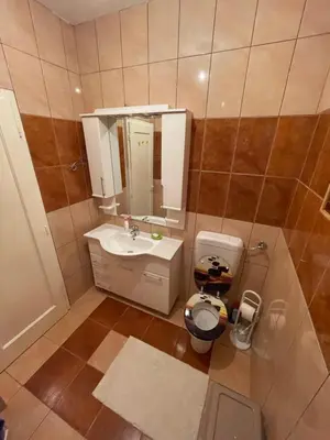 a bathroom with a sink and a toilet and a mirror at Apartman Alibi in Boljevac