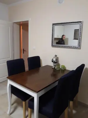 a dining room table with chairs and a mirror at Vila Tiha noc in Kopaonik