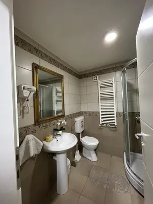 a bathroom with a toilet and a sink and a shower at MM Apartman in Kruševac