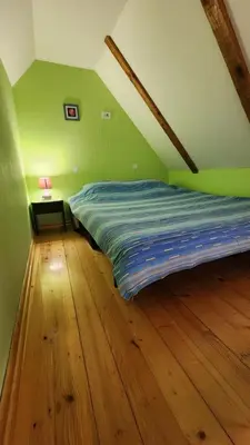 a bed in a room with green walls and a wooden floor at Duplex lux in Kopaonik