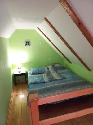 a bedroom with a bed with a green wall at Duplex lux in Kopaonik