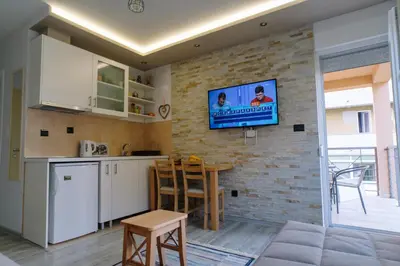 a kitchen with a tv on a brick wall at Apartman Ristić in Vrnjačka Banja
