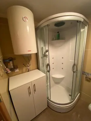 a bathroom with a shower and a toilet in it at Apartman Bozur in Vrnjačka Banja
