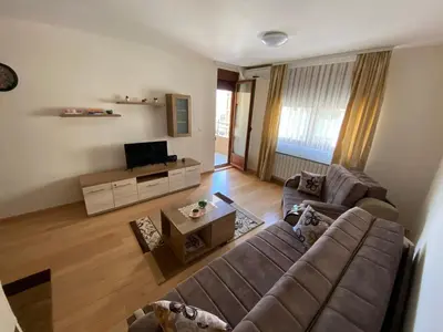a living room with a couch and a tv at Apartman Bozur in Vrnjačka Banja