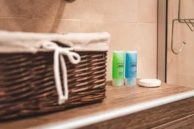 a basket sitting on a counter in a bathroom at Cicmilovic P63, Milmari Resort, Kopaonik in Kopaonik