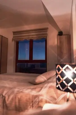 a bedroom with a large bed with a window at Cicmilovic P63, Milmari Resort, Kopaonik in Kopaonik