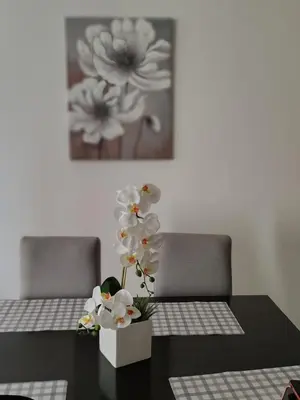 a table with two chairs and a vase of flowers on it at Apartman Nada de lux in Vrnjačka Banja