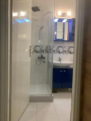 a bathroom with a shower and a sink at Palas Central in Niš