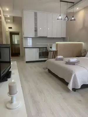 a living room with a bed and a kitchen with at Palas Central in Niš
