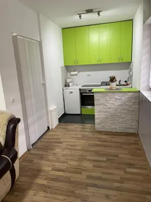 a kitchen with green cabinets and a counter top at SUNNY NEST in Vrnjačka Banja