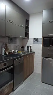 a kitchen with stainless steel appliances and wooden cabinets at 3 , 2 , 1 bedrooms , jakuzi and garage parking in Niš