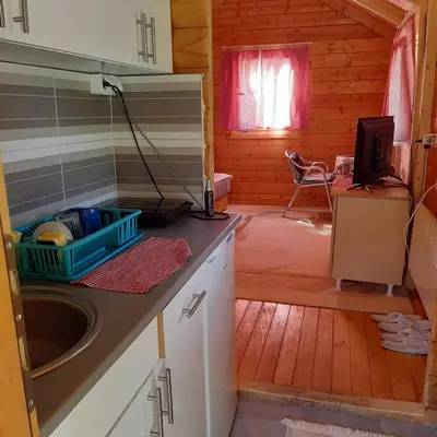 a kitchen in a log cabin with a sink at Vikendica Mijajlović 2 in Kuršumlija