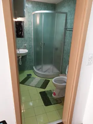 a bathroom with a shower and a toilet and a sink at Apartman Nota in Kopaonik