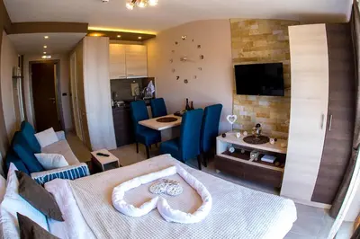 a room with a bed and a kitchen and a dining room at Dream Milmari Apartment in Kopaonik