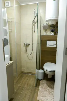 a bathroom with a toilet and a glass shower at Dream Milmari Apartment in Kopaonik