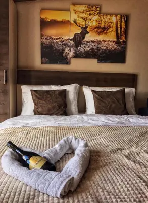 a bed with a basket with a bottle of wine on it at Dream Milmari Apartment in Kopaonik
