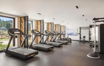 a row of treadmills in a gym with windows at Viceroy Kopaonik Resort & Spa in Kopaonik