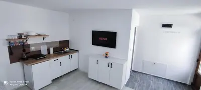 a kitchen with white cabinets and a tv on the wall at Stevan Sremac in Soko Banja