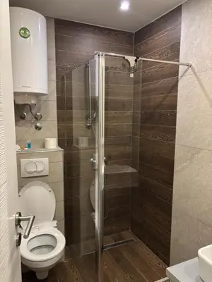 a bathroom with a toilet and a glass shower at Kopaonik Apartmani Milmari - Katic in Kopaonik