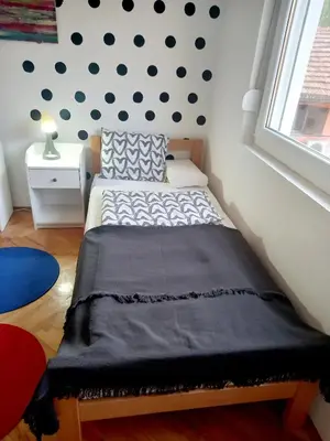 a bedroom with a bed with a polka dot wall at Mist8 in Soko Banja