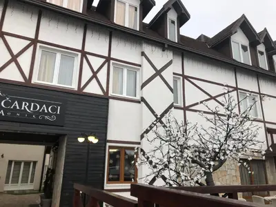 a white and black building with a tree in front of it at Apartman Dream,Kraljevi Čardaci, sa besplatnim parkingom u garazi in Kopaonik