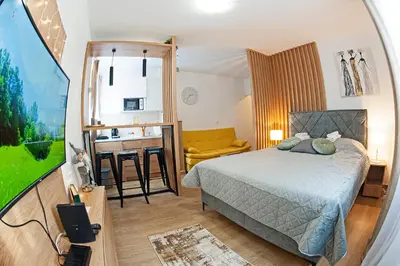 a bedroom with a bed and a living room at TeonaLux Kraljevi Cardaci 5a/22 in Kopaonik