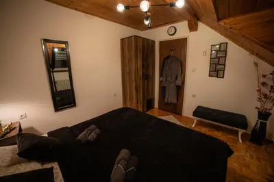 a bedroom with a bed and a mirror and a closet at Vila Jezerski raj Borsko jezero in Bor