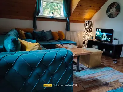 a living room with a blue couch and a tv at Vila Jezerski raj Borsko jezero in Bor