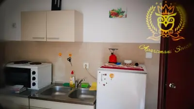 a kitchen with a sink and a microwave at Apartmani Sovica in Vrnjačka Banja