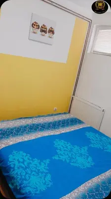 a small bedroom with a bed with blue sheets at Apartmani Sovica in Vrnjačka Banja