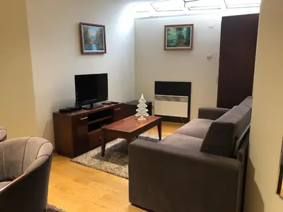 a living room with two couches and a flat screen tv at Mecava Apartmani in Kopaonik